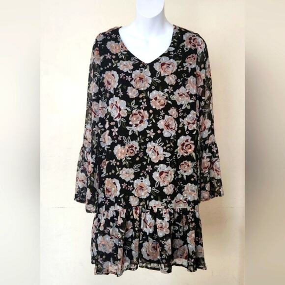 ONE HART Black Teal Floral V Neck Bell Sleeves Ruffle Hem Mini Dress Size M - Picture 3 of 13